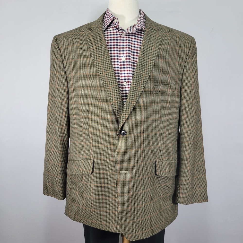 Haggar Men's Sport Coat Blazer Two Button Plaid Houndstooth Green Poly Wool 50R